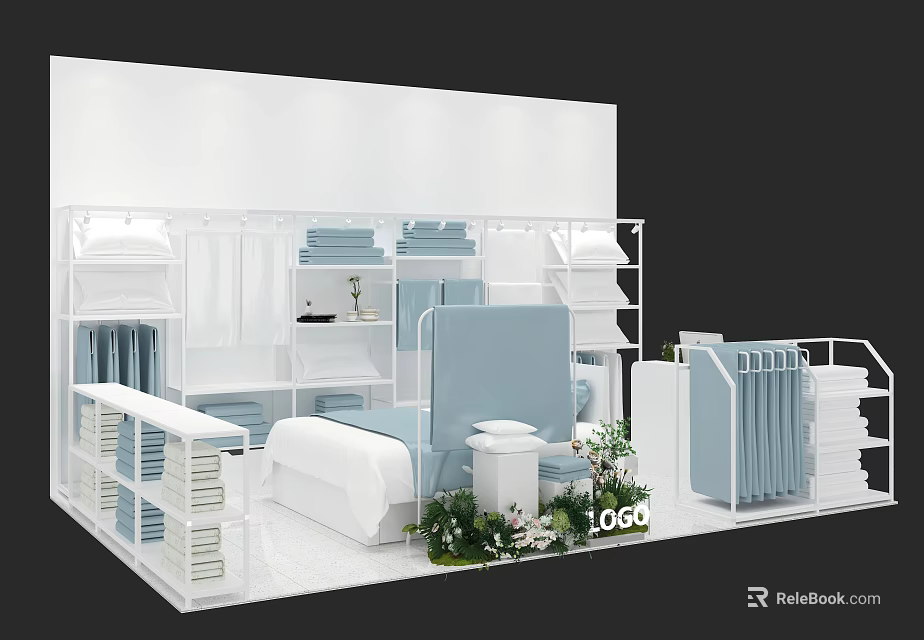 Stylish Home Textile Store With White Light Blue Bedding Shelves Green Plants And Logo 3d model 