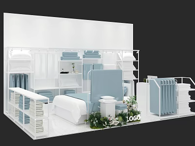 Stylish Home Textile Store With White Light Blue Bedding Shelves Green Plants And Logo 3d model