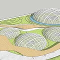 Modern Landscape Design With Domed Structures Green Lawns Winding Pathways And Water Feature