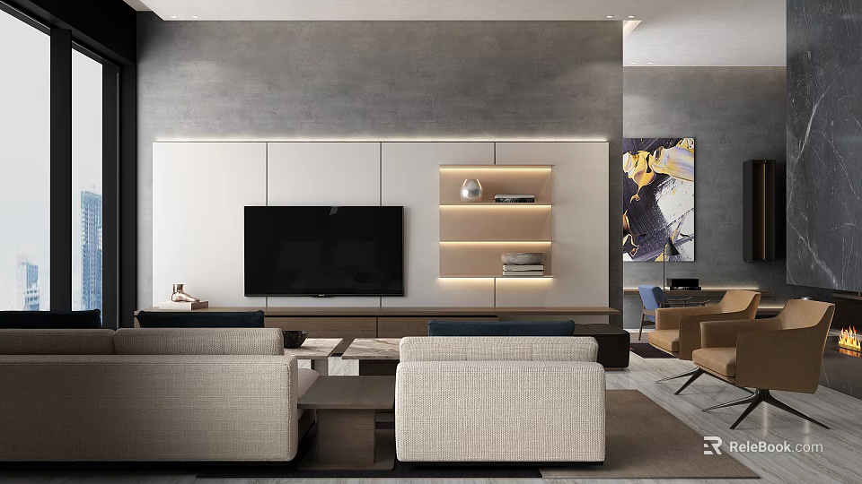 Stylish Modern Living Room Interior With LED Lit TV Wall And Comfortable Fabric Sofa Sets 3d model 