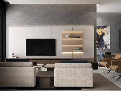Stylish Modern Living Room Interior With LED Lit TV Wall And Comfortable Fabric Sofa Sets 3d model