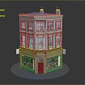 Cartoon Style Three Story Building Featuring Red Door Windows Shop Signs And Blue Roof