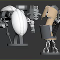 3D Rendered Game Movie Robot Characters With Metallic Silver White Brown Design In Interactive Poses