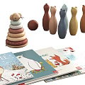 Wicker Basket With Wooden Abacus Elephant Stacking Rings Bowling Pins And Storybooks