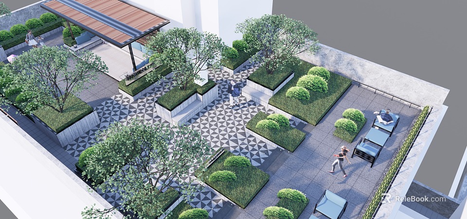 Modern Courtyard Garden Design With Checkered Flooring Green Plant Beds And Walking People 3d model 