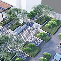Modern Courtyard Garden Design With Checkered Flooring Green Plant Beds And Walking People