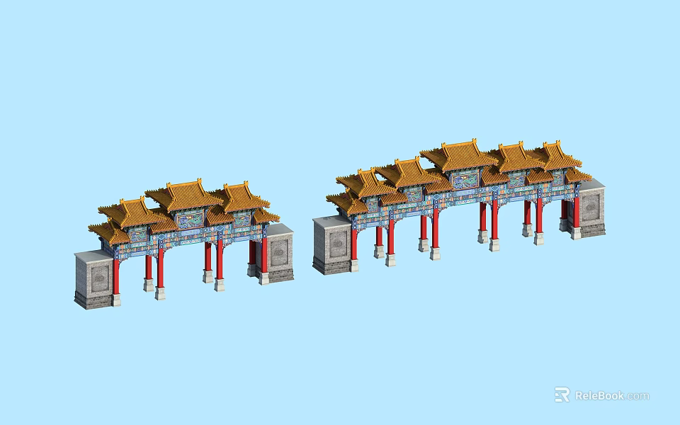 Ancient Chinese Architectural Archway With Yellow Roofs Red Pillars And Intricate Carvings 3d model 