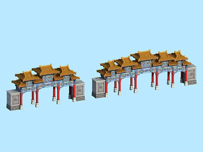 Ancient Chinese Architectural Archway With Yellow Roofs Red Pillars And Intricate Carvings 3d model