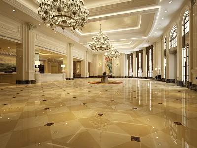 Luxurious Hotel Lobby With Chandeliers Marble Flooring High Ceilings And Large Windows 3d model