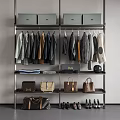 Stylish Various Clothes Neatly Hanging On Metal Wardrobe Rack With Bags And Shoes
