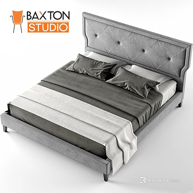 Elegant Modern Gray Bed With Tufted Headboard Pillows And Bedspread 3d model 