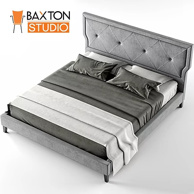 Elegant Modern Gray Bed With Tufted Headboard Pillows And Bedspread 3d model
