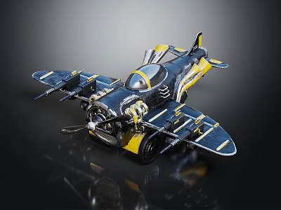 Vintage Black And Yellow Model Biplane With Detailed Propeller And Wings 3d model