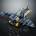 Vintage Black And Yellow Model Biplane With Detailed Propeller And Wings