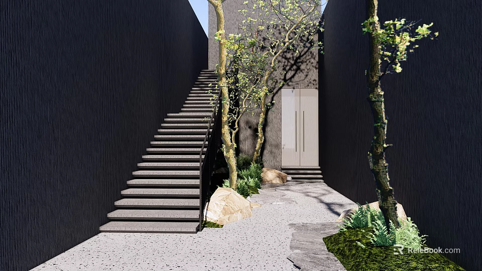 Modern Garden Landscape Design With Stone Steps Black Walls Trees Rocks And Gravel 3d model 
