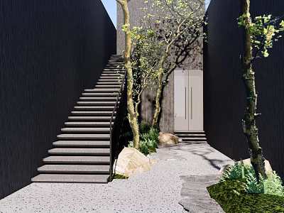 Modern Garden Landscape Design With Stone Steps Black Walls Trees Rocks And Gravel 3d model