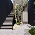 Modern Garden Landscape Design With Stone Steps Black Walls Trees Rocks And Gravel