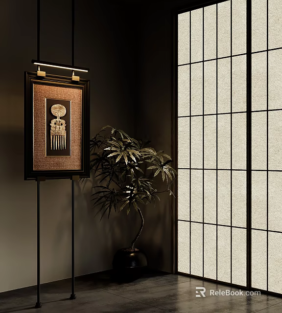Traditional Japanese Interior With Framed Artwork Potted Plant And Shoji Screen 3d model 