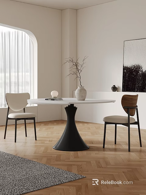 Modern White Table and Chair Set with Black Base Two Light and Wooden Backrest Chairs 3d model 