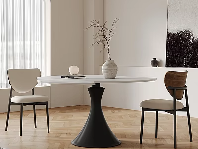 Modern White Table and Chair Set with Black Base Two Light and Wooden Backrest Chairs 3d model
