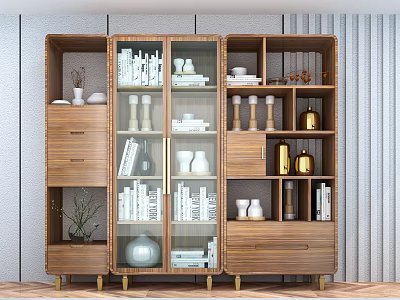 Modern Wooden Bookshelf With Multiple Compartments Books Vases And Decorative Ornaments 3d model