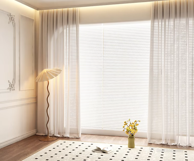 Elegant White Curtains With Blinds And Yellow Flowers In Modern Interior Design 3d model 