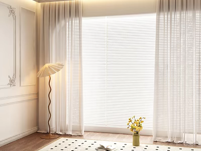 Elegant White Curtains With Blinds And Yellow Flowers In Modern Interior Design 3d model