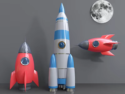 Colorful Rocket Model Decorative Ornament Set With Moon Decoration And Multiple Designs 3d model