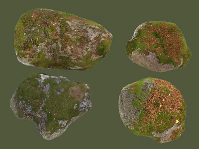 Moss Covered Natural Stones And Wooden Pieces With Rustic Texture For Garden Landscaping Design 3d model