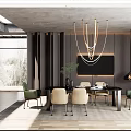 Modern Restaurant Interior With Gold Ring Chandelier Black Dining Table And Green Beige Chairs