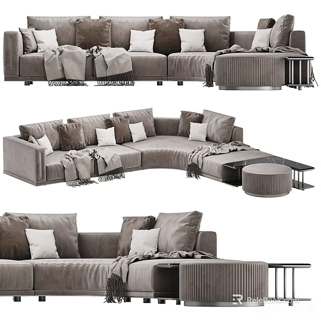 Modern Cozy Sectional Sofa With Plush Pillows Throw Blankets And Side Ottoman 3d model 