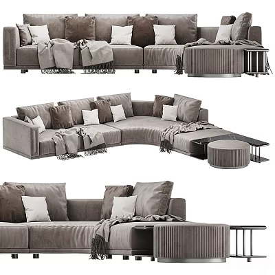 Modern Cozy Sectional Sofa With Plush Pillows Throw Blankets And Side Ottoman 3d model