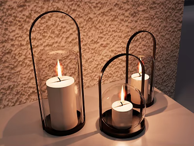 Lantern Shaped Decorative Ornament Set With Black Frame Transparent Glass And Lit Candles 3d model