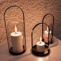 Lantern Shaped Decorative Ornament Set With Black Frame Transparent Glass And Lit Candles