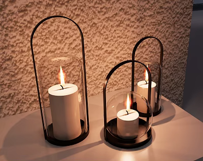 Lantern Shaped Decorative Ornament Set With Black Frame Transparent Glass And Lit Candles 3d model