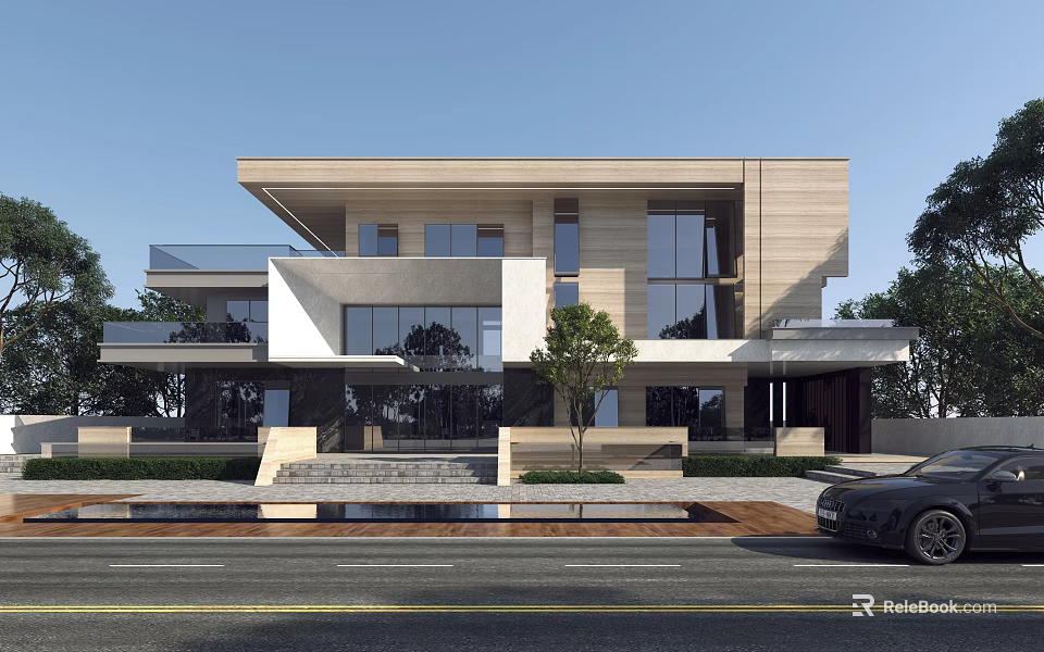 Modern Detached Villa With Large Glass Windows Wooden Stone Facade Front Steps And Surrounding Trees 3d model 