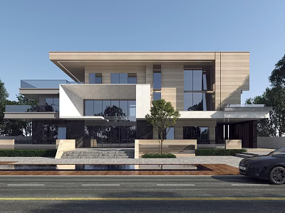 Modern Detached Villa With Large Glass Windows Wooden Stone Facade Front Steps And Surrounding Trees 3d model