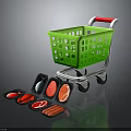 Green Shopping Cart With Red Handle And Various Colored Meat Pieces On Black Tray