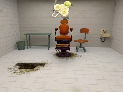 Orange Medical Chair Green Table And Brown Chair In White Brick Room Interior 3d model