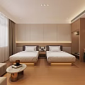 Modern Hotel Guest Room with Twin White Beds Wooden Flooring Wall TV and Dressing Table