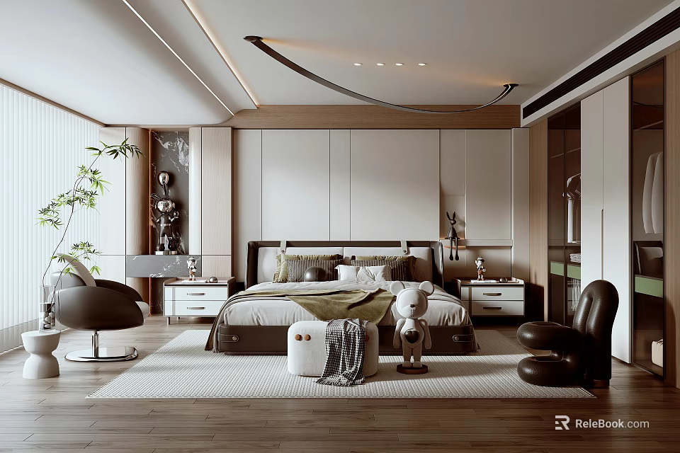 Modern Bedroom Interior Design With Wooden Floor King Bed Nightstands Wardrobe And Armchair 3d model 