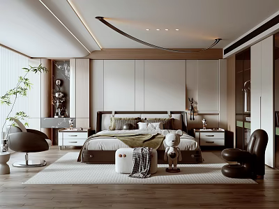 Modern Bedroom Interior Design With Wooden Floor King Bed Nightstands Wardrobe And Armchair 3d model