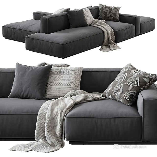 Modern Gray Sectional Sofa With Throw Pillows Geometric Pattern And Cozy Blanket 3d model 