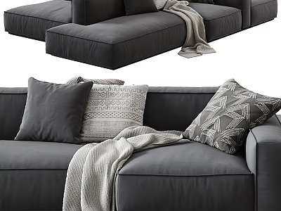 Modern Gray Sectional Sofa With Throw Pillows Geometric Pattern And Cozy Blanket 3d model