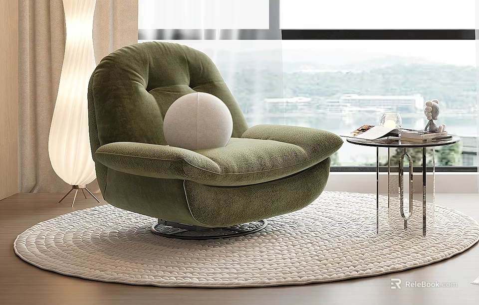 Green Velvet Bean Bag Chair on Round Woven Rug with Floor Lamp and Window View 3d model 