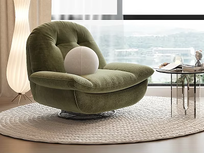 Green Velvet Bean Bag Chair on Round Woven Rug with Floor Lamp and Window View 3d model