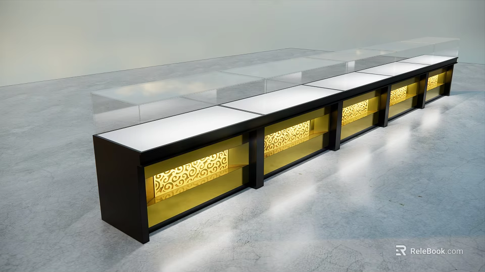 Modern Display Shelves With Black Frame White Top And Golden Pattern Lighting 3d model 