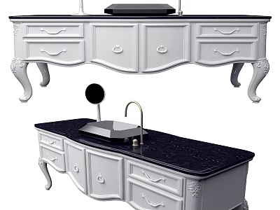 Elegant White Wash Basin Vanity with Black Countertop Decorative Legs and Drawers Faucet 3d model
