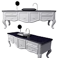 Elegant White Wash Basin Vanity with Black Countertop Decorative Legs and Drawers Faucet