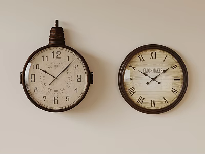 Two Different Style Wall Clocks Hanging On White Wall With Classic And Modern Design 3d model